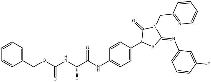 Benzyl [(2S)-1-({4-[(2Z)-2-[(3-fluorophenyl)imino]-4-oxo-3-(2-pyridinylmethyl)-1,3-thiazolidin-5-yl]phenyl}amino)-1-oxo-2-propanyl]carbamate Structure