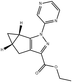 1H-Cyclopropa[4,5]cyclopenta[1,2-c]pyrazole-3-carboxylic acid, 4,4a,5,5a-tetrahydro-1-(2-pyrazinyl)-, ethyl ester, (4aS,5aS)- 구조식 이미지