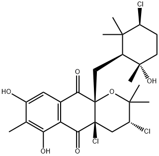 2H-Naphtho[2,3-b]pyran-5,10-dione, 3,4a-dichloro-10a-[[(1S,3S,6S)-3-chloro-6-hydroxy-2,2,6-trimethylcyclohexyl]methyl]-3,4,4a,10a-tetrahydro-6,8-dihydroxy-2,2,7-trimethyl-, (3R,4aR,10aS)- Structure