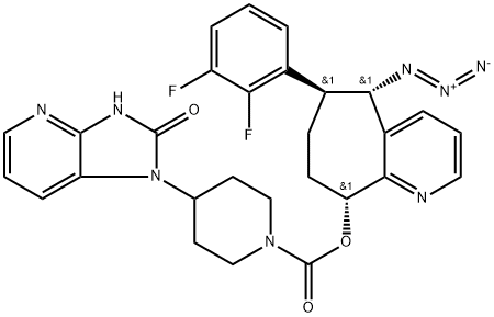 1-Piperidinecarboxylic acid, 4-(2,3-dihydro-2-oxo-1H-imidazo[4,5-b]pyridin-1-yl)-, (5S,6S,9R)-5-azido-6-(2,3-difluorophenyl)-6,7,8,9-tetrahydro-5H-cyclohepta[b]pyridin-9-yl ester 구조식 이미지