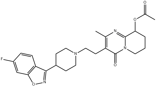 4H-Pyrido[1,2-a]pyrimidin-4-one, 9-(acetyloxy)-3-[2-[4-(6-fluoro-1,2-benzisoxazol-3-yl)-1-piperidinyl]ethyl]-6,7,8,9-tetrahydro-2-methyl- Structure