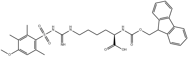 D-Lysine, N2-[(9H-fluoren-9-ylmethoxy)carbonyl]-N6-[imino[[(4-methoxy-2,3,6-trimethylphenyl)sulfonyl]amino]methyl]- Structure