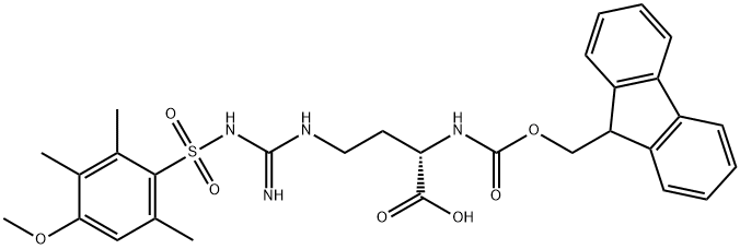 Butanoic acid, 2-[[(9H-fluoren-9-ylmethoxy)carbonyl]amino]-4-[[imino[[(4-methoxy-2,3,6-trimethylphenyl)sulfonyl]amino]methyl]amino]-, (2S)- Structure