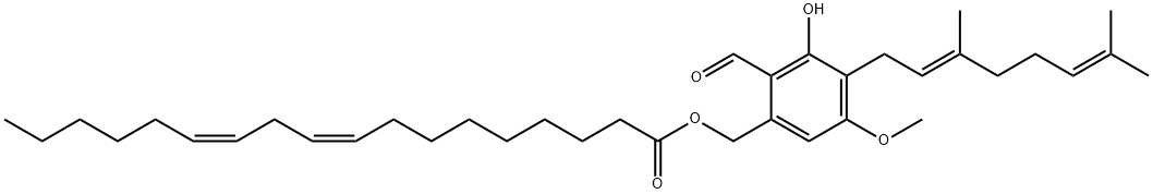 9,12-Octadecadienoic acid (9Z,12Z)-, [4-[(2E)-3,7-dimethyl-2,6-octadien-1-yl]-2-formyl-3-hydroxy-5-methoxyphenyl]methyl ester Structure