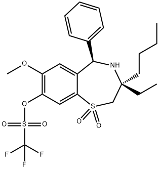 Methanesulfonic acid, 1,?1,?1-?trifluoro-?, (3R,?5R)?-?3-?butyl-?3-?ethyl-?2,?3,?4,?5-?tetrahydro-?7-?methoxy-?1,?1-?dioxido-?5-?phenyl-?1,?4-?benzothiazepin-?8-?yl ester Structure