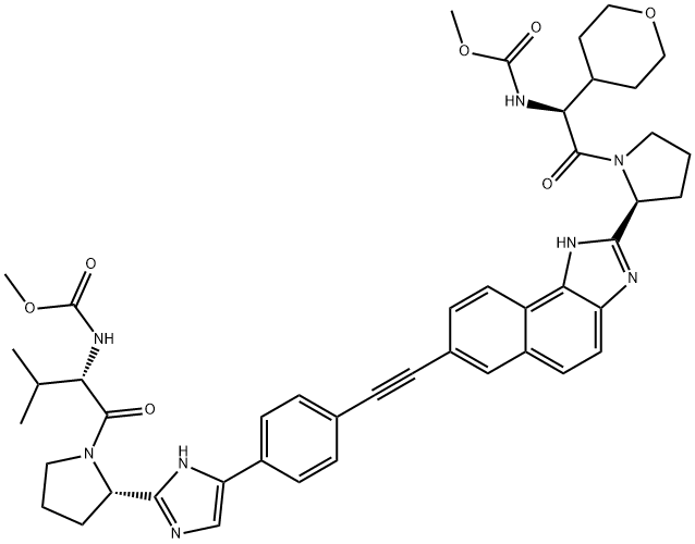 Carbamic acid, N-[(1S)-2-[(2S)-2-[7-[2-[4-[2-[(2S)-1-[(2S)-2-[(methoxycarbonyl)amino]-3-methyl-1-oxobutyl]-2-pyrrolidinyl]-1H-imidazol-5-yl]phenyl]ethynyl]-1H-naphth[1,2-d]imidazol-2-yl]-1-pyrrolidinyl]-2-oxo-1-(tetrahydro-2H-pyran-4-yl)ethyl]-, methyl es Structure