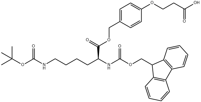 L-Lysine, N6-[(1,1-dimethylethoxy)carbonyl]-N2-[(9H-fluoren-9-ylmethoxy)carbonyl]-, [4-(2-carboxyethoxy)phenyl]methyl ester Structure