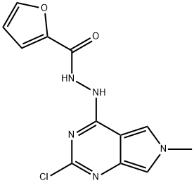 2-Furancarboxylic acid, 2-(2-chloro-6-methyl-6H-pyrrolo[3,4-d]pyrimidin-4-yl)hydrazide 구조식 이미지