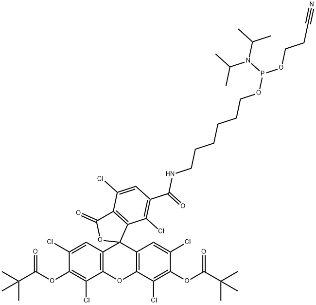 Propanoic acid, 2,2-dimethyl-, 1,1'-[6-[10-[bis(1-methylethyl)amino]-13-cyano-1-oxo-9,11-dioxa-2-aza-10-phosphatridec-1-yl]-2',4,4',5',7,7'-hexachloro-3-oxospiro[isobenzofuran-1(3H),9'-[9H]xanthene]-3',6'-diyl] ester Structure