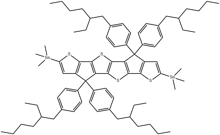 Stannane,1,1'-[4,4,9,9-tetrakis[4-(2-ethylhexyl)phenyl]-4,9-dihydrothieno[3',2':4,5]cyclopenta[1,2-b]thieno[2'',3'':3',4']cyclopenta[1',2':4,5]thieno[2,3-d]thiophene-2,7-diyl]bis[1,1,1-trimethyl- 구조식 이미지