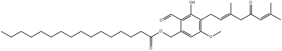 Hexadecanoic acid, [4-[(2E)-3,7-dimethyl-5-oxo-2,6-octadien-1-yl]-2-formyl-3-hydroxy-5-methoxyphenyl]methyl ester Structure