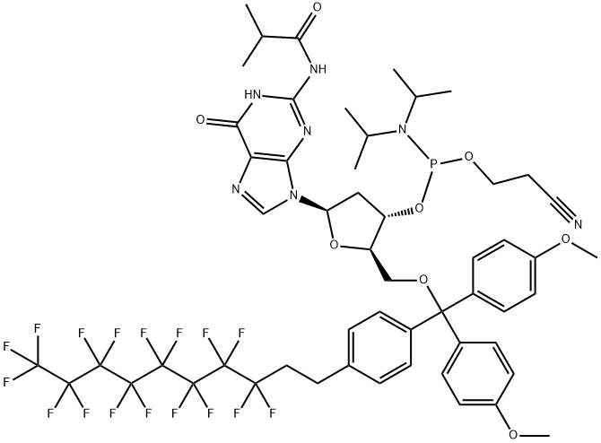 2'-Deoxy-5'-O-FDMT-N2-isobutyryl-guanosine 3'-CE phosphoramidite Structure