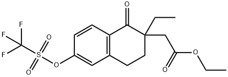 Ethyl 2-(2-ethyl-1-oxo-6-(((trifluoromethyl)sulfonyl)oxy)-1,2,3,4-tetrahydronaphthalen-2-yl)acetate 구조식 이미지