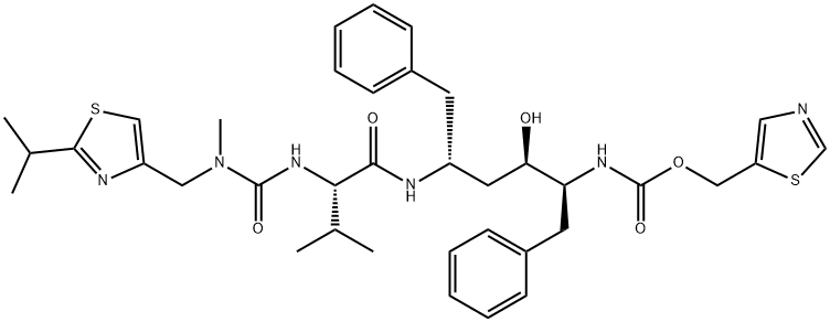 2,7,10,12-Tetraazatridecanoic acid, 4-hydroxy-12-methyl-9-(1-methylethyl)-13-[2-(1-methylethyl)-4-thiazolyl]-8,11-dioxo-3,6-bis(phenylmethyl)-, 5-thiazolylmethyl ester, (3S,4R,6R,9S)- Structure