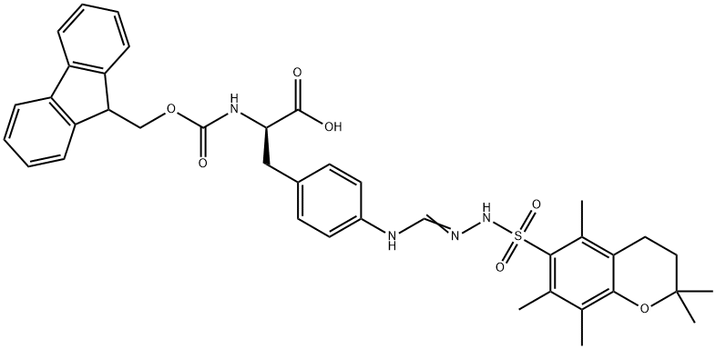 D-Phenylalanine, 4-[[[[(3,4-dihydro-2,2,5,7,8-pentamethyl-2H-1-benzopyran-6-yl)sulfonyl]amino]iminomethyl]amino]-N-[(9H-fluoren-9-ylmethoxy)carbonyl]- Structure