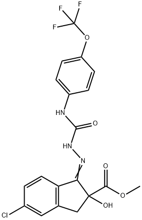 1H-Indene-2-carboxylic acid, 5-chloro-2,3-dihydro-2-hydroxy-1-[2-[[[4-(trifluoromethoxy)phenyl]amino]carbonyl]hydrazinylidene]-, methyl ester Structure