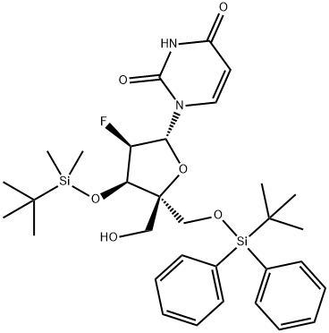 Uridine, 2'-?deoxy-?3'-?O-?[(1,?1-?dimethylethyl)?dimethylsilyl]?-?5'-?O-?[(1,?1-?dimethylethyl)?diphenylsilyl]?-?2'-?fluoro-?4'-?C-?(hydroxymethyl)?- Structure