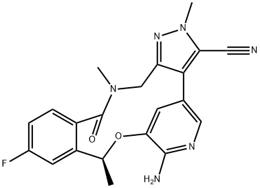 2H-4,8-Methenopyrazolo[4,3-h][2,5,11]benzoxadiazacyclotetradecine-3-carbonitrile, 7-amino-12-fluoro-10,15,16,17-tetrahydro-2,10,16-trimethyl-15-oxo-, (10S)- Structure