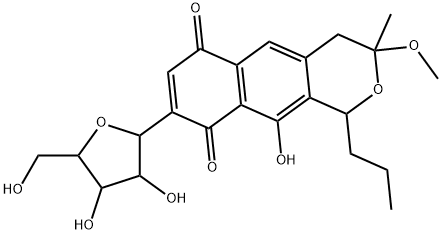 1H-Naphtho[2,3-c]pyran-6,9-dione, 3,4-dihydro-10-hydroxy-3-methoxy-3-methyl-8-pentofuranosyl-1-propyl- (9CI) Structure