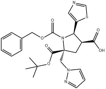 1,2,4-pyrrolidinetricarboxylic acid, 2-(1H-pyrazol-1-ylmethyl)-5-(5-thiazolyl)-, 2-(1,1-dimethylethyl) 1-(phenylmethyl) ester, (2R,4S,5R)- 구조식 이미지
