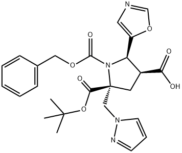 1,2,4-pyrrolidinetricarboxylic acid, 5-(5-oxazolyl)-2-(1H-pyrazol-1-ylmethyl)-, 2-(1,1-dimethylethyl) 1-(phenylmethyl) ester, (2R,4S,5R)- Structure