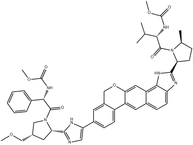 Carbamic acid, N-[(1S)-2-[(2S,4S)-2-[5-[1,11-dihydro-2-[(2S,5S)-1-[(2S)-2-[(methoxycarbonyl)amino]-3-methyl-1-oxobutyl]-5-methyl-2-pyrrolidinyl][2]benzopyrano[4',3':6,7]naphth[1,2-d]imidazol-9-yl]-1H-imidazol-2-yl]-4-(methoxymethyl)-1-pyrrolidinyl]-2-oxo-1-phenylethyl]-, methyl ester Structure