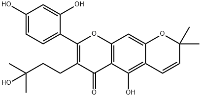 2H,6H-Benzo[1,2-b:5,4-b']dipyran-6-one, 8-(2,4-dihydroxyphenyl)-5-hydroxy-7-(3-hydroxy-3-methylbutyl)-2,2-dimethyl- 구조식 이미지