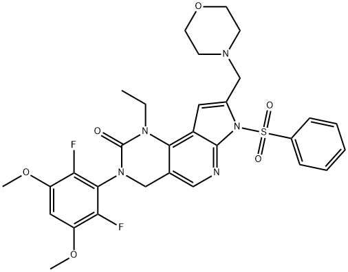 2H-Pyrrolo[3',2':5,6]pyrido[4,3-d]pyrimidin-2-one, 3-(2,6-difluoro-3,5-dimethoxyphenyl)-1-ethyl-1,3,4,7-tetrahydro-8-(4-morpholinylmethyl)-7-(phenylsulfonyl)- 구조식 이미지