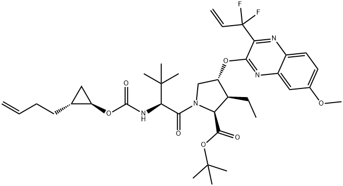 tert-butyl (33R,34S,35S,91R,92R,5S,E)-5-(tert-butyl)-34-ethyl-14,14-difluoro-17-methoxy-4,7-dioxo-2,8-dioxa-6-aza-1(2,3)-quinoxalina-3(3,1)-pyrrolidina-9(1,2)-cyclopropanacyclotetradecaphan-12-ene-35-carboxylate 구조식 이미지