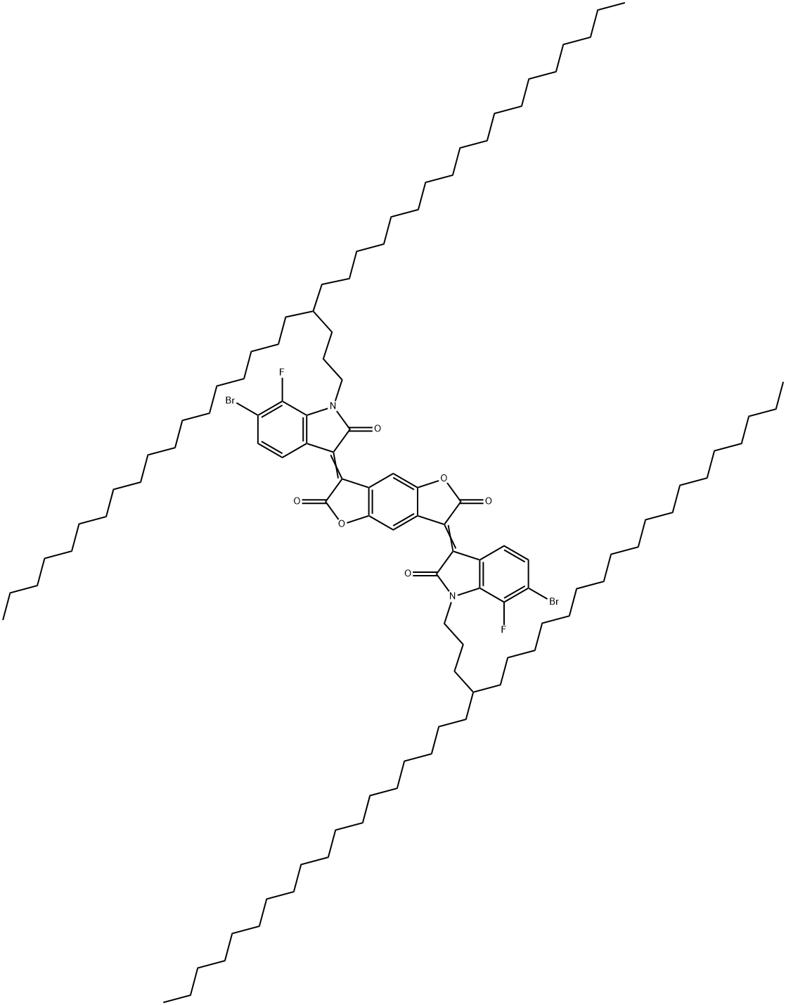Benzo[1,2-b:4,5-b']difuran-2,6-dione, 3,7-bis[6-bromo-7-fluoro-1,2-dihydro-1-(4-octadecyldocosyl)-2-oxo-3H-indol-3-ylidene]-3,7-dihydro- 구조식 이미지