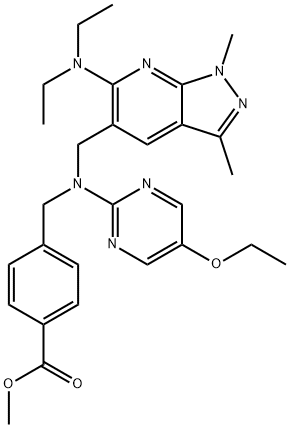 Benzoic acid, 4-[[[[6-(diethylamino)-1,3-dimethyl-1H-pyrazolo[3,4-b]pyridin-5-yl]methyl](5-ethoxy-2-pyrimidinyl)amino]methyl]-, methyl ester Structure