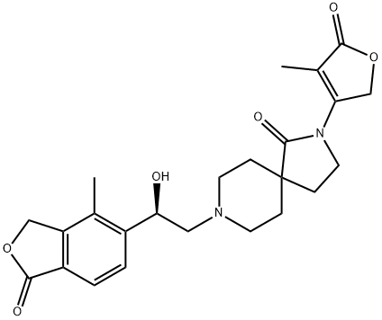 2,8-Diazaspiro[4.5]decan-1-one, 2-(2,5-dihydro-4-methyl-5-oxo-3-furanyl)-8-[(2R)-2-(1,3-dihydro-4-methyl-1-oxo-5-isobenzofuranyl)-2-hydroxyethyl]- 구조식 이미지