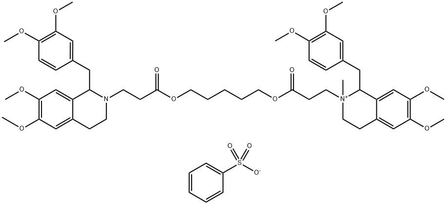 Isoquinolinium, 1-[(3,4-dimethoxyphenyl)methyl]-2-[3-[[5-[3-[1-[(3,4-dimethoxyphenyl)methyl]-3,4-dihydro-6,7-dimethoxy-2(1H)-isoquinolinyl]-1-oxopropoxy]pentyl]oxy]-3-oxopropyl]-1,2,3,4-tetrahydro-6,7-dimethoxy-2-methyl-, benzenesulfonate (1:1) Structure