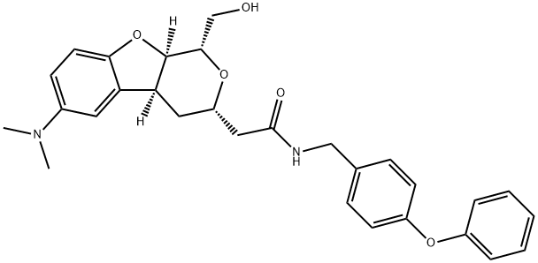 1H-Pyrano[3,4-b]benzofuran-3-acetamide, 6-(dimethylamino)-3,4,4a,9a-tetrahydro-1-(hydroxymethyl)-N-[(4-phenoxyphenyl)methyl]-, (1S,3S,4aS,9aR)- 구조식 이미지