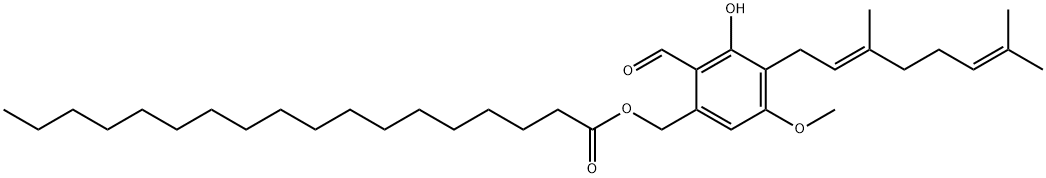 Octadecanoic acid, [4-[(2E)-3,7-dimethyl-2,6-octadien-1-yl]-2-formyl-3-hydroxy-5-methoxyphenyl]methyl ester Structure