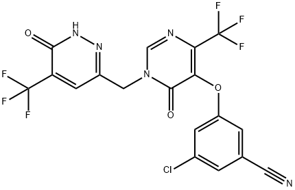 3-chloro-5-((6-oxo-1-((6-oxo-5-(trifluoromethyl)-1,6-dihydropyridazin-3-yl) methyl)-4-(trifluoromethyl)-1,6-dihydropyrimidin-5-yl)oxy)benzonitrile 구조식 이미지