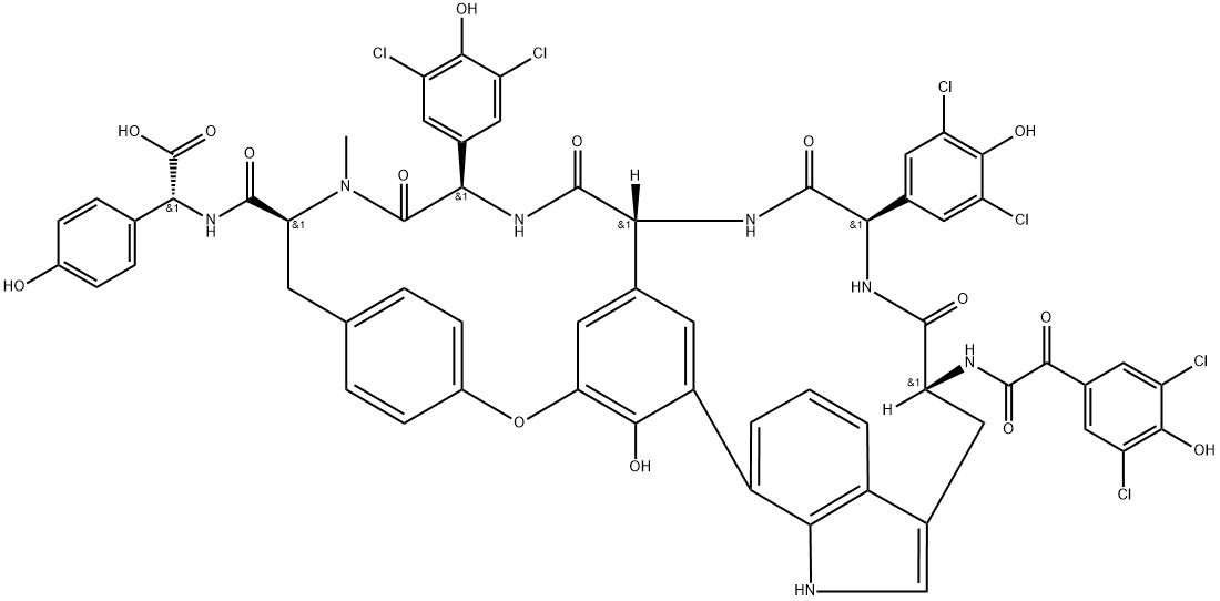 Glycine,N-[2-(3,5-dichloro-4-hydroxyphenyl)-2-oxoacetyl]-D-alanyl-(2R)-2-(3,5-dichloro-4-hydroxyphenyl)glycyl-(2R)-2-(3,4-dihydroxyphenyl)glycyl-(2R)-2-(3,5-dichloro-4-hydroxyphenyl)glycyl-N-methyl-L-tyrosyl-2-(4-hydroxyphenyl)-,cyclic (33(R)5)-ether, cyclic13,35-(1H-indole-3,7-diyl) deriv., (2R)- 구조식 이미지
