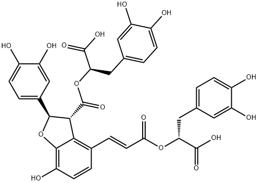 3-Benzofurancarboxylic acid, 4-[(1E)-3-[(1R)-1-carboxy-2-(3,4-dihydroxyphenyl)ethoxy]-3-oxo-1-propen-1-yl]-2-(3,4-dihydroxyphenyl)-2,3-dihydro-7-hydroxy-, 3-[(1R)-1-carboxy-2-(3,4-dihydroxyphenyl)ethyl] ester, (2R,3R)- Structure