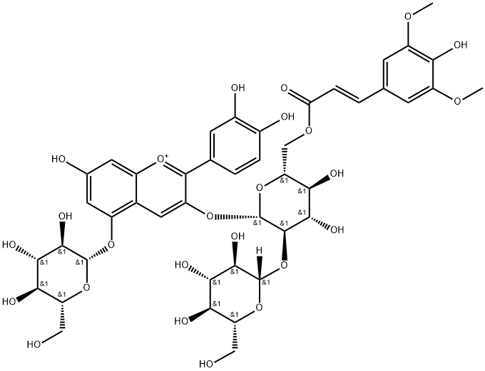 1-Benzopyrylium, 2-(3,4-dihydroxyphenyl)-3-[[2-O-β-D-glucopyranosyl-6-O-[(2E)-3-(4-hydroxy-3,5-dimethoxyphenyl)-1-oxo-2-propen-1-yl]-β-D-glucopyranosyl]oxy]-5-(β-D-glucopyranosyloxy)-7-hydroxy- Structure