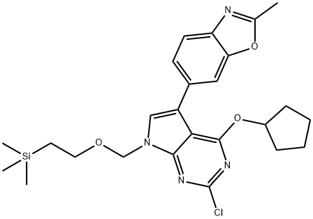 7H-Pyrrolo[2,3-d]pyrimidine, 2-chloro-4-(cyclopentyloxy)-5-(2-methyl-6-benzoxazolyl)-7-[[2-(trimethylsilyl)ethoxy]methyl]- Structure
