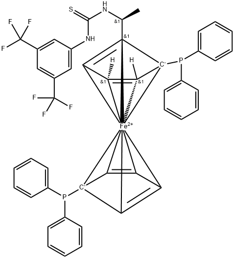 Ferrocene, 1-[(1S)-1-[[[[3,5-bis(trifluoromethyl)phenyl]amino]thioxomethyl]amino]ethyl]-1',2-bis(diphenylphosphino)-, (2S)- Structure