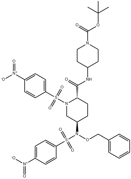 1-Piperidinecarboxylic acid, 4-[[[(2S,5R)-1-[(4-nitrophenyl)sulfonyl]-5-[[(4-nitrophenyl)sulfonyl](phenylmethoxy)amino]-2-piperidinyl]carbonyl]amino]-, 1,1-dimethylethyl ester Structure