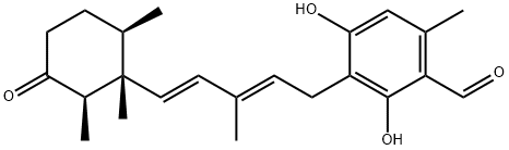 Benzaldehyde, 2,4-dihydroxy-6-methyl-3-[(2E,4E)-3-methyl-5-[(1R,2R,6R)-1,2,6-trimethyl-3-oxocyclohexyl]-2,4-pentadien-1-yl]- 구조식 이미지