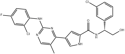 1H-Pyrrole-2-carboxamide, 4-[2-[(2-chloro-4-fluorophenyl)amino]-5-methyl-4-pyrimidinyl]-N-[(1R)-1-(3-chlorophenyl)-2-hydroxyethyl]- Structure