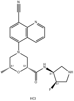 :2-Morpholinecarboxamide,4-(8-cyano-5-quinolinyl)-N-((3S,4R) -4- fluoro-3-pyrrolidinyl)-6-methyl-, hydrochloride (1:1), (2R,6R)- Structure
