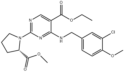 5-Pyrimidinecarboxylic acid, 4-[[(3-chloro-4-methoxyphenyl)methyl]amino]-2-[(2S)-2-(methoxycarbonyl)-1-pyrrolidinyl]-, ethyl ester 구조식 이미지