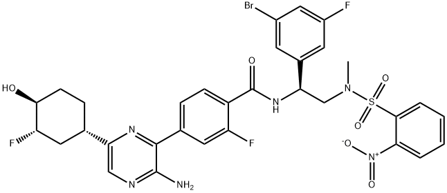 Benzamide, 4-[3-amino-6-[(1S,3S,4S)-3-fluoro-4-hydroxycyclohexyl]-2-pyrazinyl]-N-[(1S)-1-(3-bromo-5-fluorophenyl)-2-[methyl[(2-nitrophenyl)sulfonyl]amino]ethyl]-2-fluoro- Structure