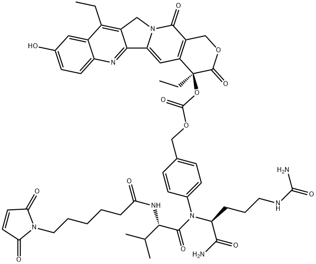 L-Ornithinamide, N-[6-(2,5-dihydro-2,5-dioxo-1H-pyrrol-1-yl)-1-oxohexyl]-L-valyl-N5-(aminocarbonyl)-N-[4-[[[[[(4S)-4,11-diethyl-3,4,12,14-tetrahydro-9-hydroxy-3,14-dioxo-1H-pyrano[3',4':6,7]indolizino[1,2-b]quinolin-4-yl]oxy]carbonyl]oxy]methyl]phenyl]- 구조식 이미지