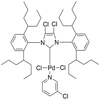 (SP-4-1)-[1,3-Bis[2,6-bis(1-propylbutyl)phenyl]-4,5-dichloro-1,3-dihydro-2H-imidazol-2-ylidene]dichloro(3-chloropyridine-κN)-Palladium Structure