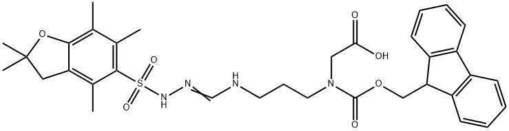 Glycine, N-[3-[[[[(2,3-dihydro-2,2,4,6,7-pentamethyl-5-benzofuranyl)sulfonyl]amino]iminomethyl]amino]propyl]-N-[(9H-fluoren-9-ylmethoxy)carbonyl]- Structure